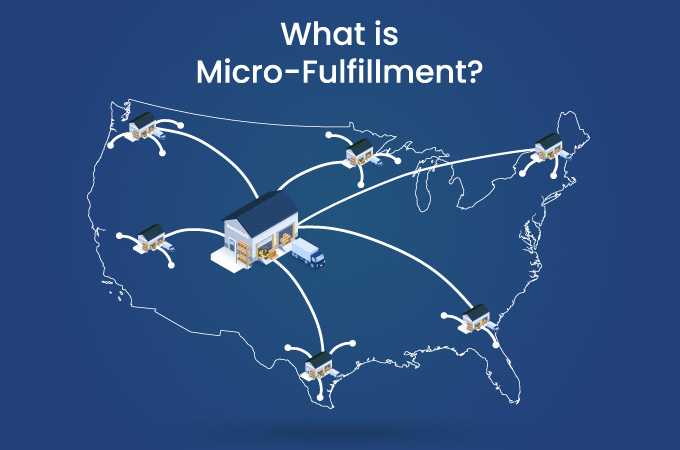 Outline of United States with one large distribution center in the middle with multiple, smaller micro-fulfillment centers across the country.