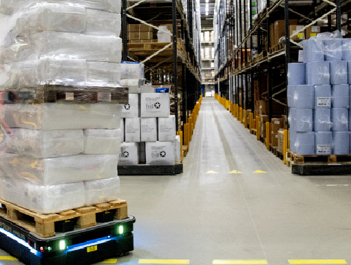 MiR Robot carrying a pallet in a facility