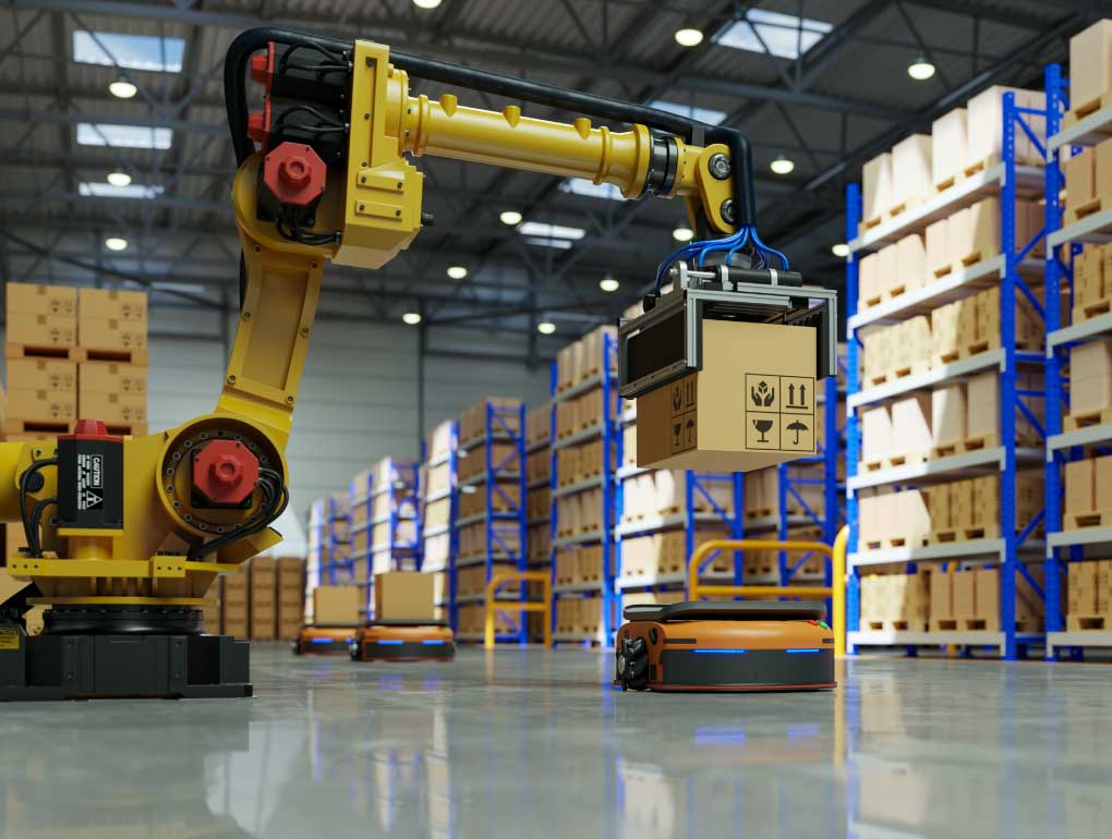 Robotic arm placing box on a mobile robot in a warehouse