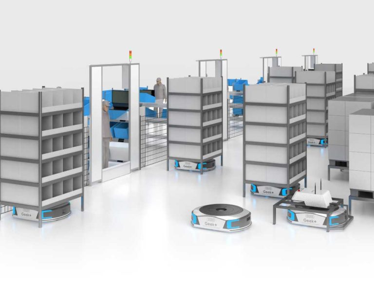 Mobile robot with blue lights collecting shelving units in gated area of warehouse