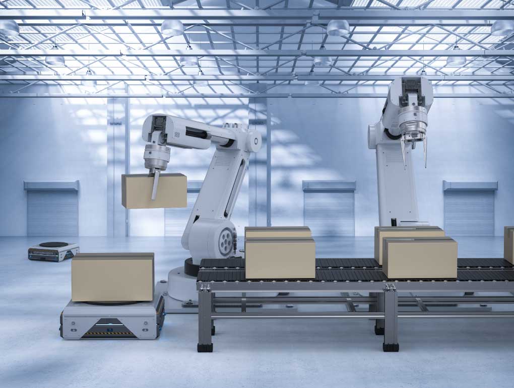 white robotic arms picking up boxes from conveyor and placing them on gray mobile robot.