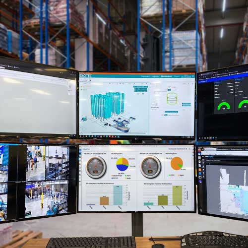 Warehouse metrics and dashboards in front of storage racks