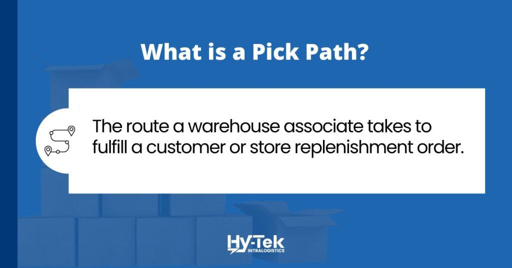 What is a pick path? The route a warehouse associate takes to fulfill a customer or store replenishment order.